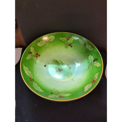 Vintage Hand Painted Holly Berry Porcelain Serving Bowl Christmas Table 9"