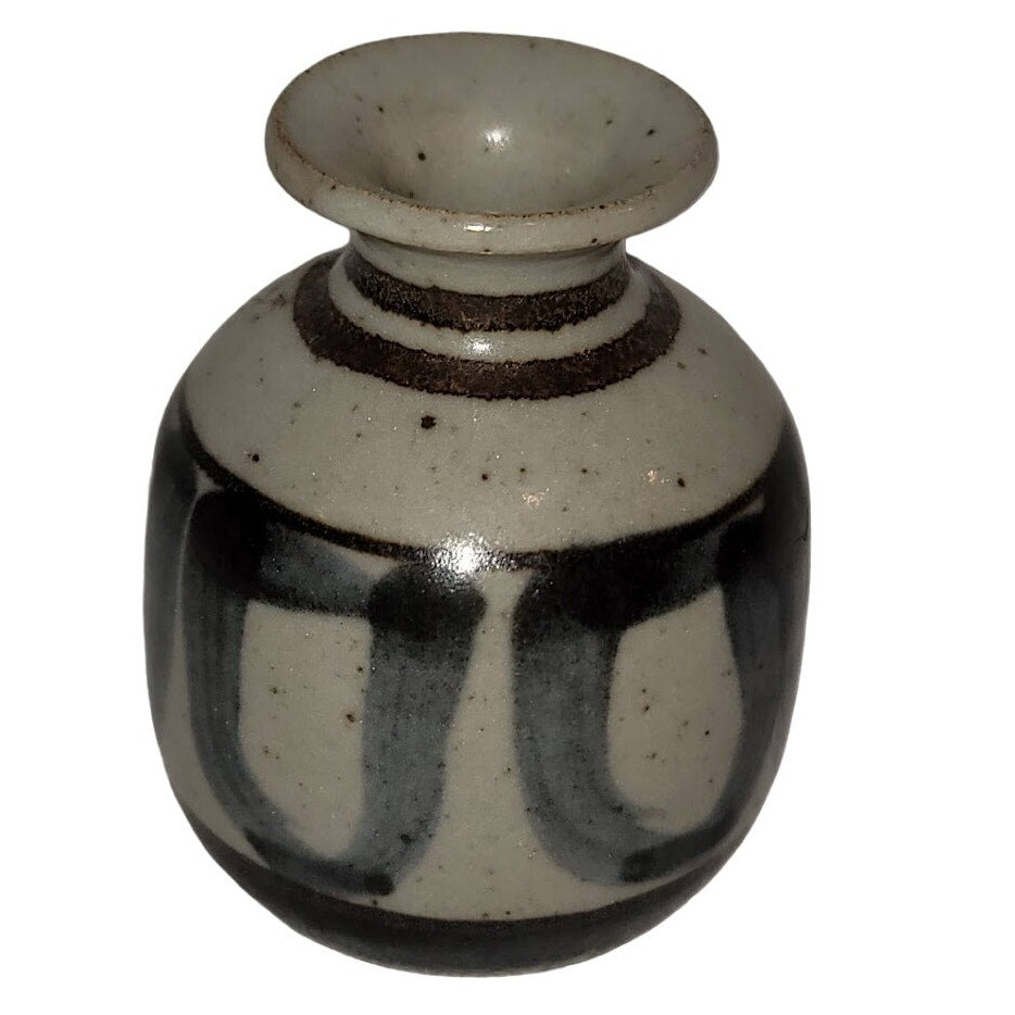 Vintage mini pottery handmde vase earthtones blue cream brown