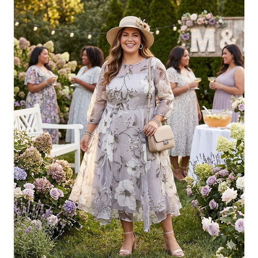 Floral Organza Fit & Flare Dress Garden Party Cottagecore Pastel Plus XXL