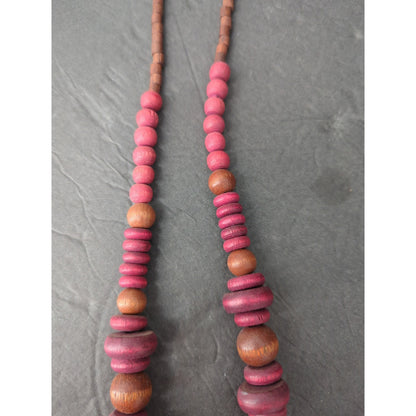 Vintage Chunky Wooden Bead Statement Necklace Pink & Brown Mid-Century Boho Chic