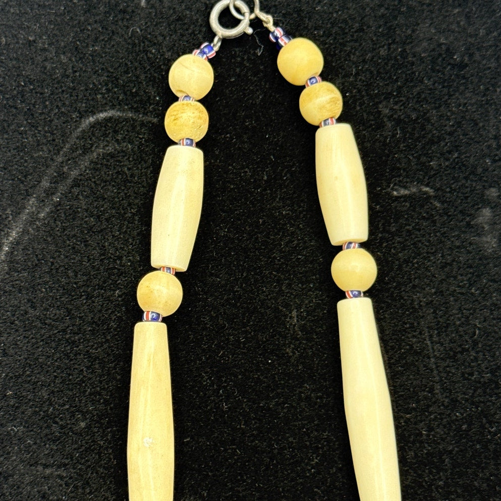 Vintage Carved Bovine Bone Elongated Bead Organic Boho Chic Necklace 24"