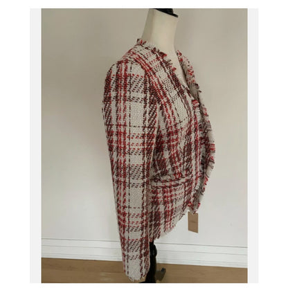 Halogen women new open front plaid tweed jacket LARGE  Ivory Coral career CASUAL