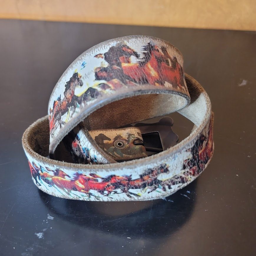 Cowboy Decor Galloping Wild Horse Silver Buckle Western Belt Size 36