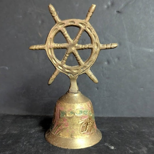 Nautical Captains Table Call Solid Brass Figural Ships Wheel Brass 5" Table Bell