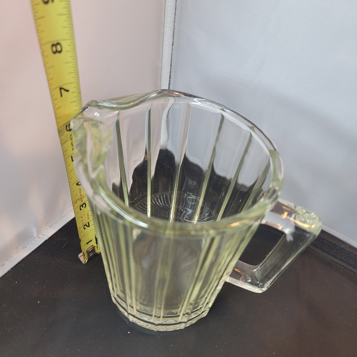 Vintage Small Heavy Clear Glass PITCHER w/ Ice Lip, Square Handle & Wide Ribs