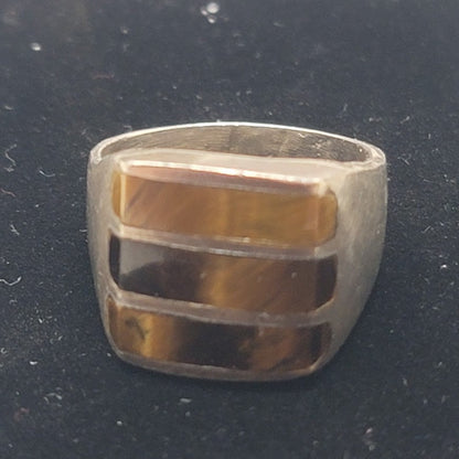 Mid-Century Taxco Mexico Sterling Silver Triple Bar Tiger Eye Statement Ring Sz9