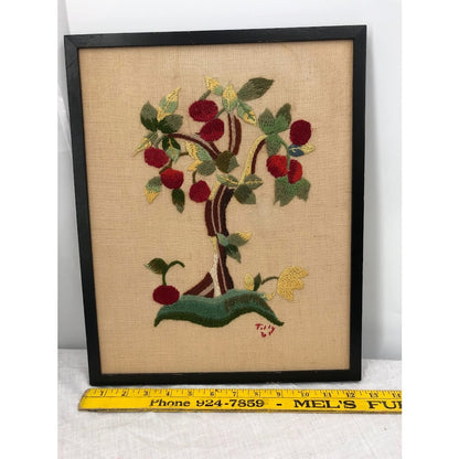 Vintage Crewel Cherry Tree Handmade by Tilly 1961 framed some water stains 12x16