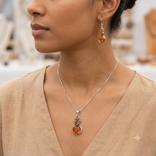 Vintage Boho Genuine Amber Silver Dangle Earrings & Pendant Set 925