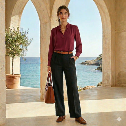 Karl Lagerfeld Paris Maroon Burgundy Mock Neck Blouse Medium Long Sleeve Top
