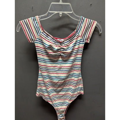 Lovefire Women's Multicolor Striped Ruched Short Sleeve NEW Bodysuit XS Thong