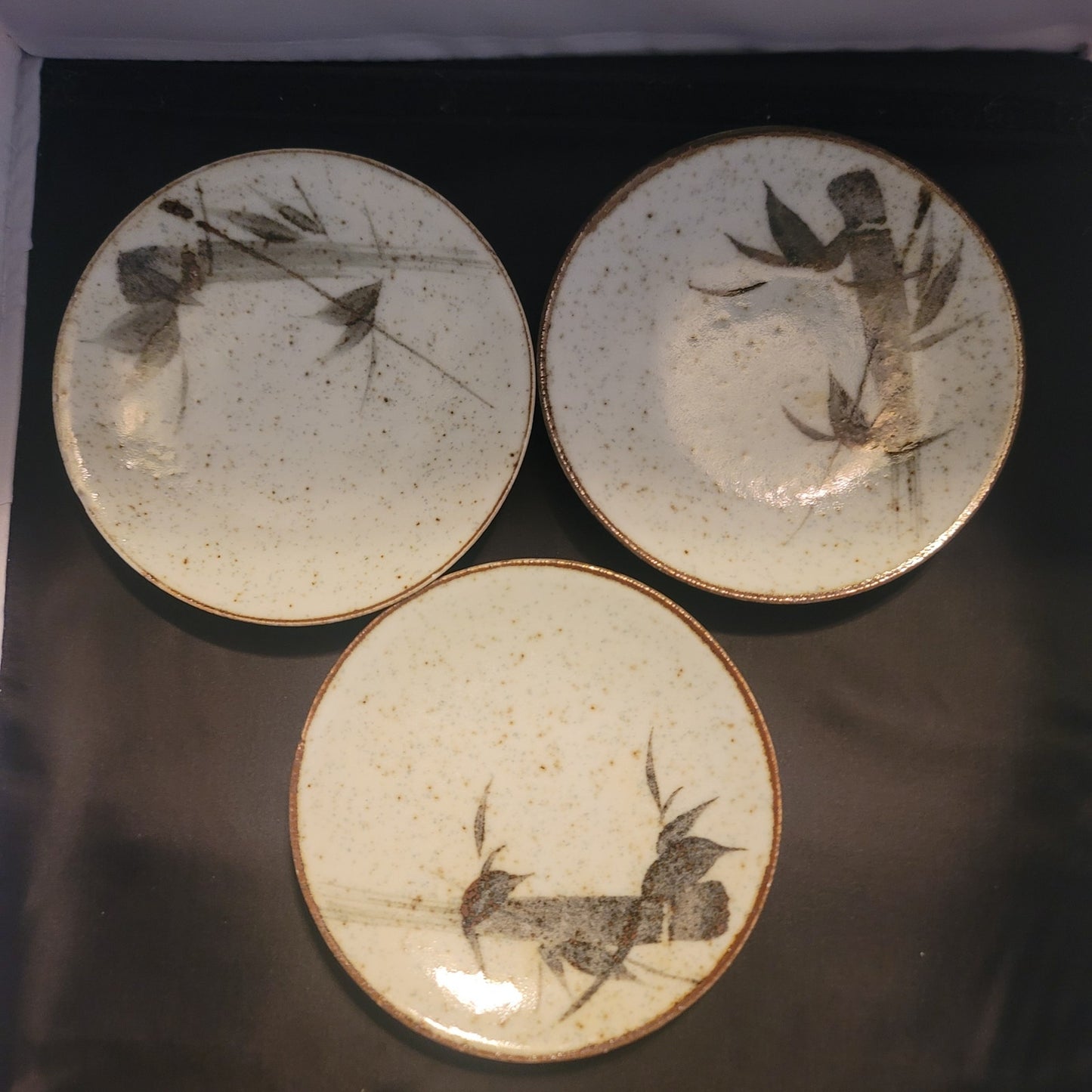 Vintage Japanese Studio Pottery Bamboo Plates Set 3 Mid-Century Organic Modern