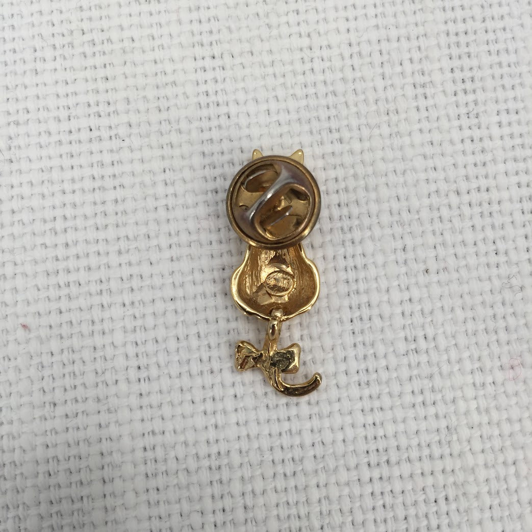 Cat and Mouse moving tail Pins Tie tacks Faux gold crystal and emerald chips