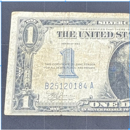 Paper Currency Bank Note Money $1 1934 blue Seal silver Certificate FUNNYBACK
