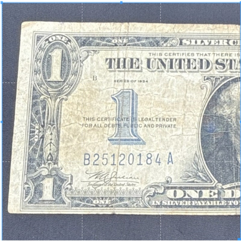 Paper Currency Bank Note Money $1 1934 blue Seal silver Certificate FUNNYBACK