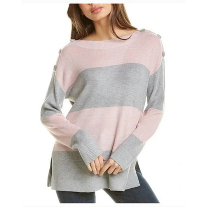 NWT Vince Camuto gray pink stripe ribbed sweater EXTRA-small buttons shoulder XS