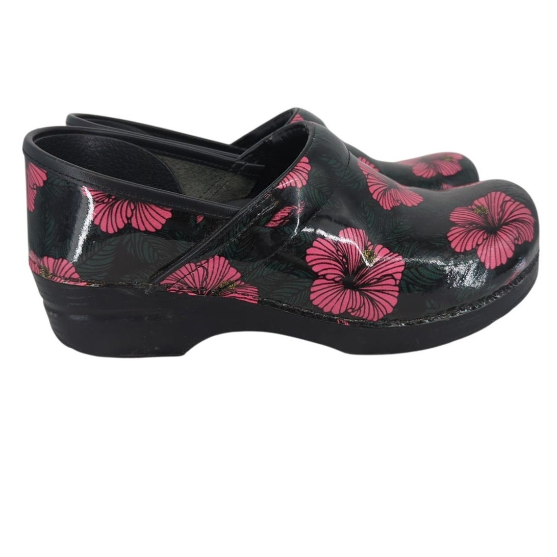 Dansko Patent Leather Clogs Black Pink Floral Professional Nursing Shoes Sz 41