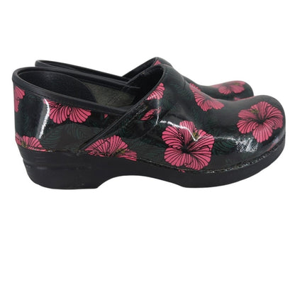 Dansko Patent Leather Clogs Black Pink Floral Professional Nursing Shoes Sz 41