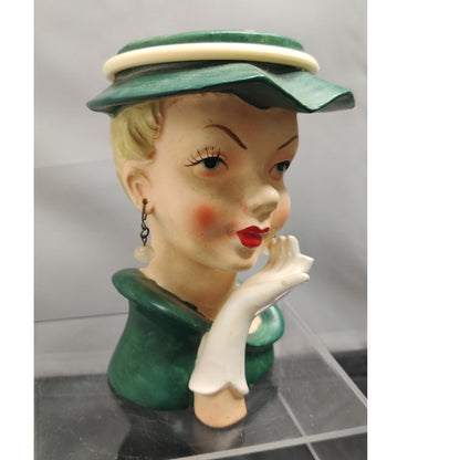 Vintage 1950s Damaged Napco Blonde Lady Head Vase Planter Green Hat Kitsch