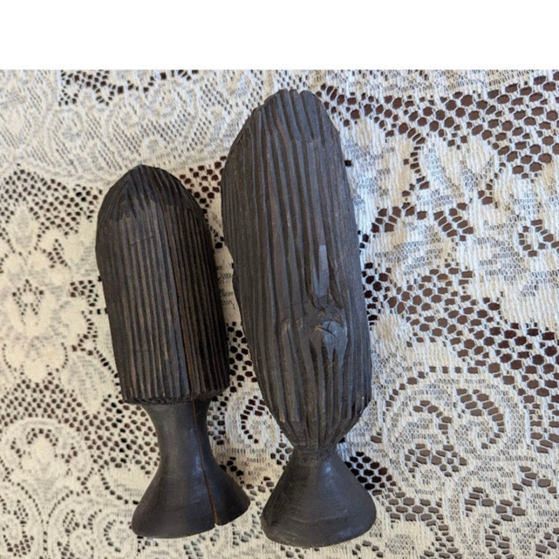 Vintage Hand Carved African Ebony Wood Bust Set Tribal Sculpture Art Duo
