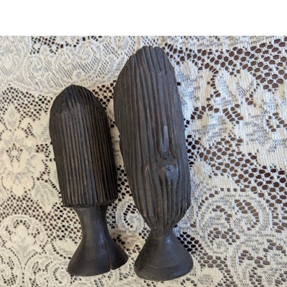 Vintage Hand Carved African Ebony Wood Bust Set Tribal Sculpture Art Duo