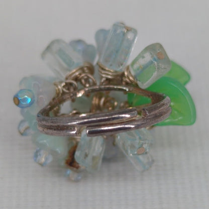 Vintage Iridescent Beaded & Green Leaf Cluster Size 7 adjustable Cluster ring