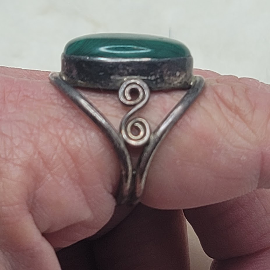 Vintage Sterling Silver Malachite Statement Ring Art Nouveau Swirl Size 9