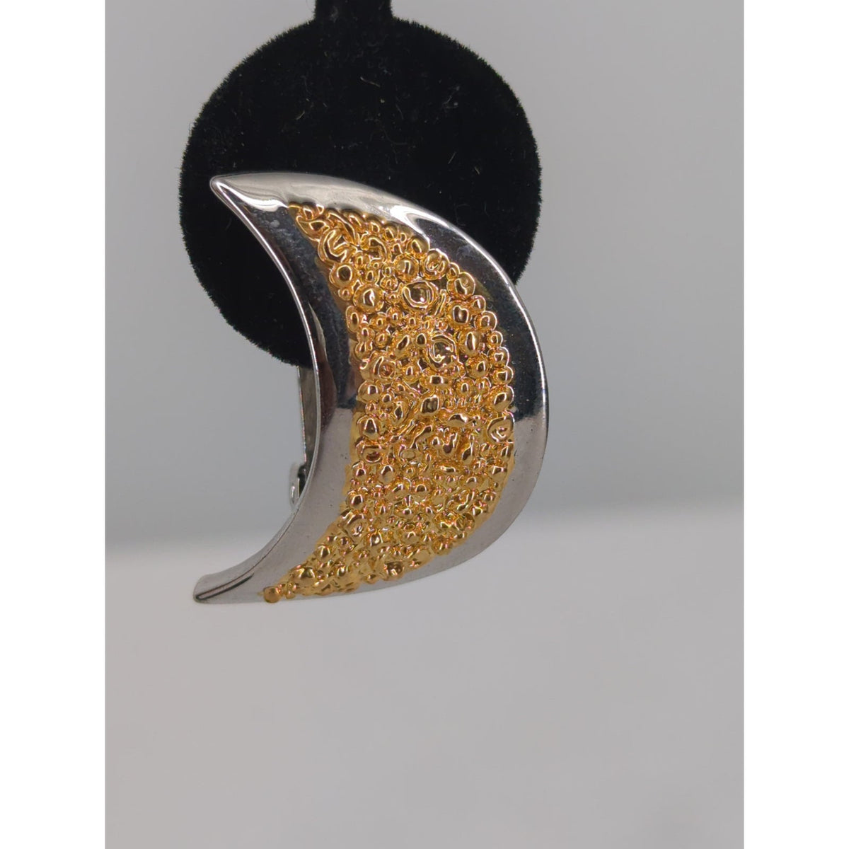 Vintage 90s Two Tone Gold Glitter Crescent Moon Clip On Statement Earrings