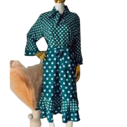 Vintage Green White Polka Dot Tie Neck Retro Rockabilly Dress 16 Fit Flare