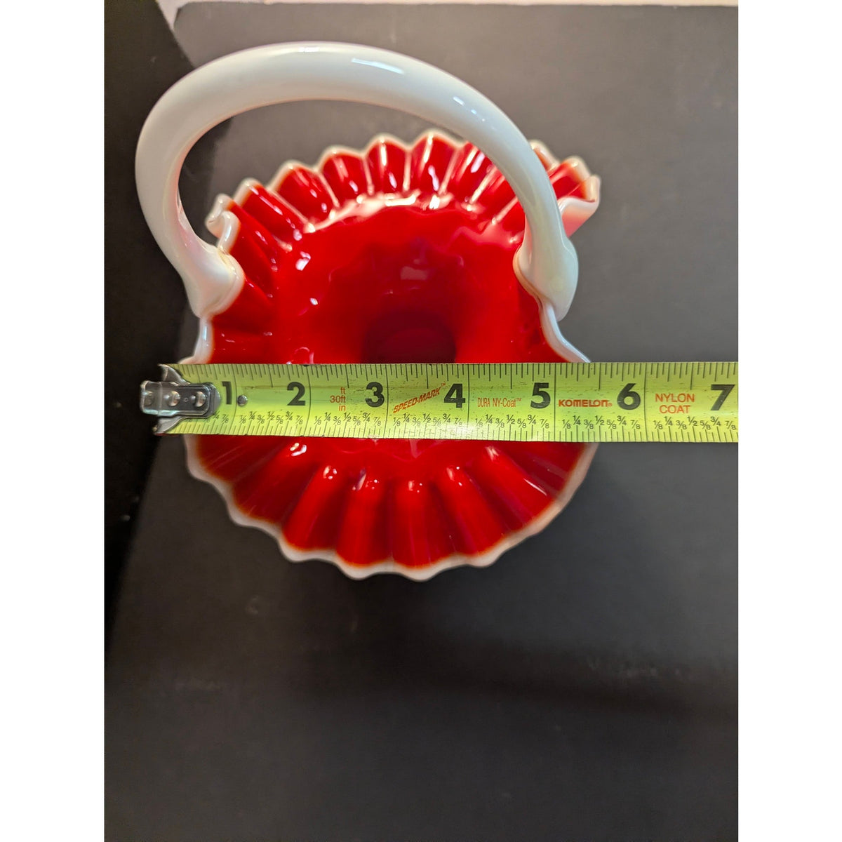 Vintage Fenton Ruby Overlay Diamond Optic Ruffled Glass Basket Centerpiece