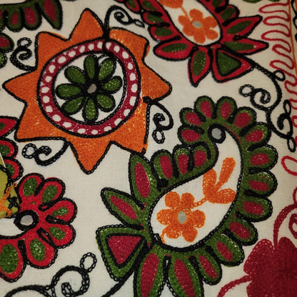 Paisley Orange Green Cream Queen/Full Embroidered coverlet blanket 2 pillow sham