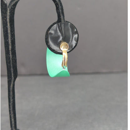 Vintage Glossy Green High Polish Enamel Huggie Hoop Wrap Clip On Earrings Retro