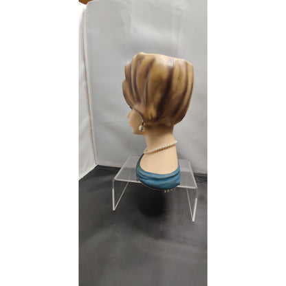 Vintage 1950s Blonde Lady Head Vase Planter Blue Dress Collectible MCM 7"
