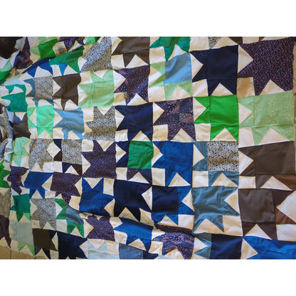 Vintage 70s Mixed Calico Star Patchwork Unfinished Quilt Top - 69" x 86" Project