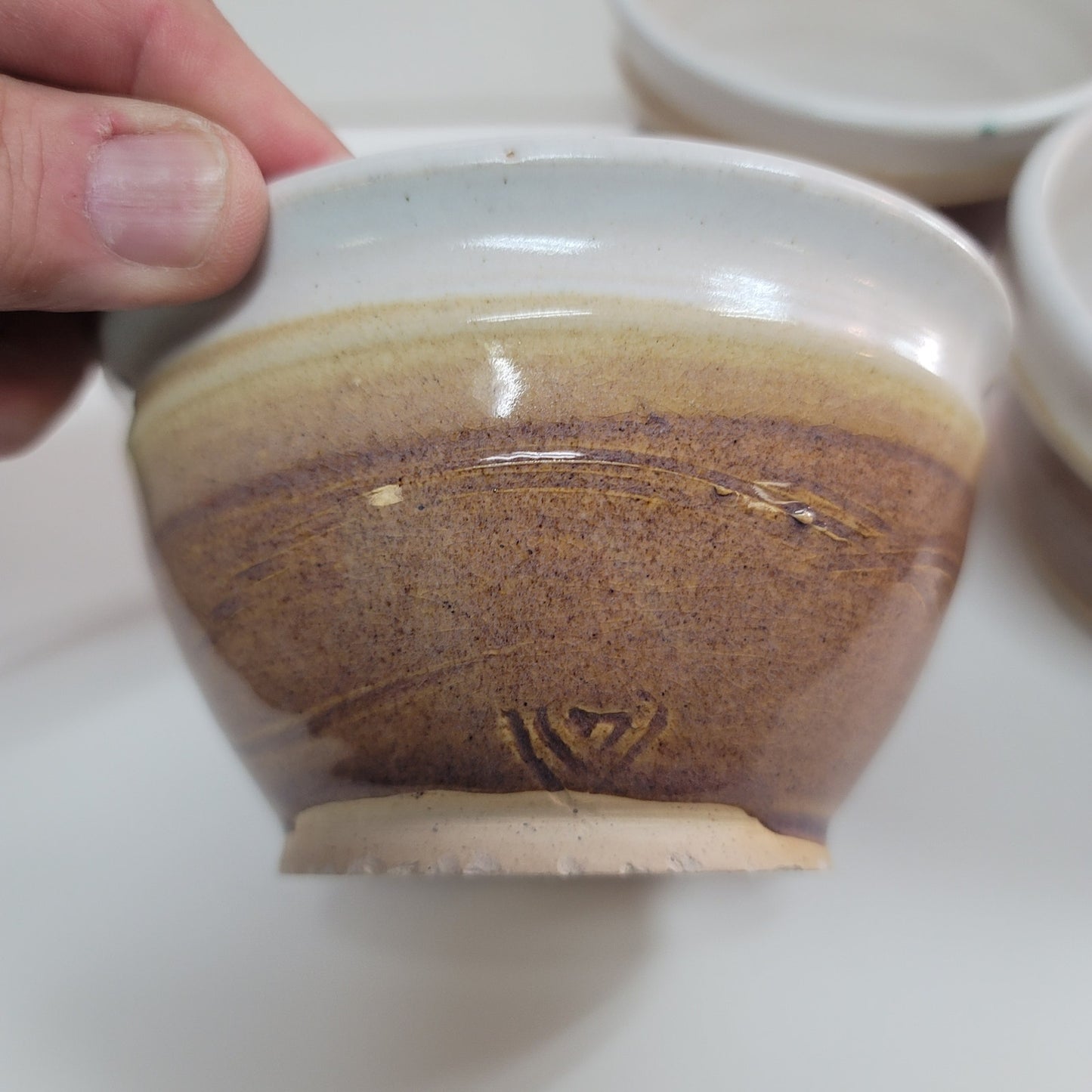 Lot of 3 handmade art pottery studio tea bowls Earthtones brown white sand Clay