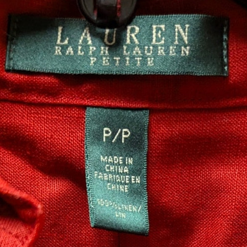 Lauren Ralph Lauren Petite Red Linen Roll Tab Sleeve Button Down Shirt Small PP