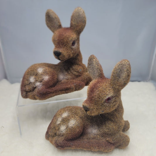 Vintage Mid-Century Flocked Spotted Fawn Figurines - Set of 2 Deer