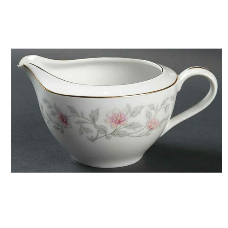 Creamer and Sugar Bowl with Lid Briar Rose by Valmont Pink Flower Gray Stems