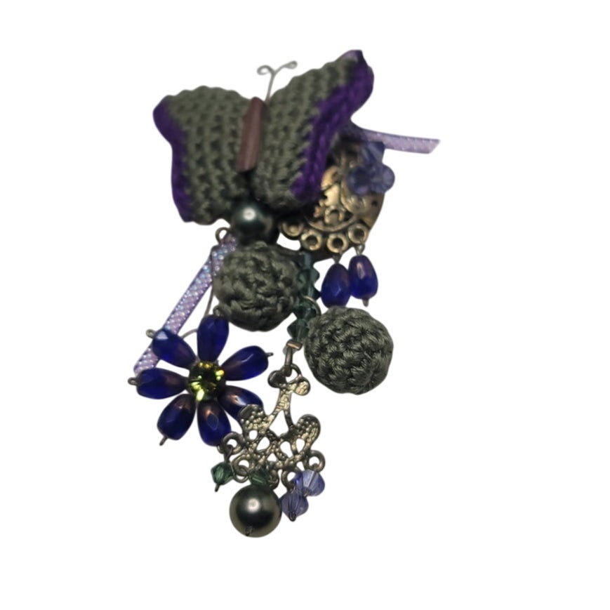 Vintage Handmade Japan Butterfly Crochet Assemblage Brooch Pin Purple Flowers