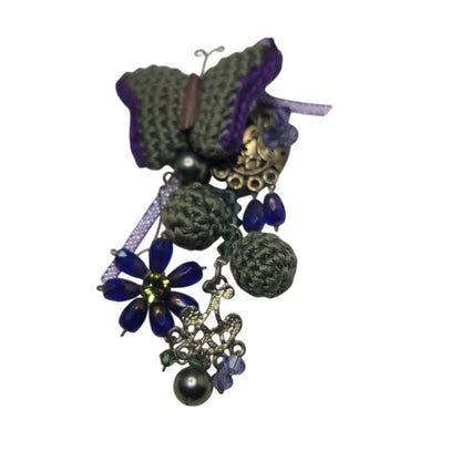 Vintage Handmade Japan Butterfly Crochet Assemblage Brooch Pin Purple Flowers