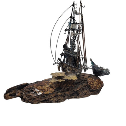 Large VINTAGE Copper bronzed ship brig dingy mounted on varnished 15" x 17" wood