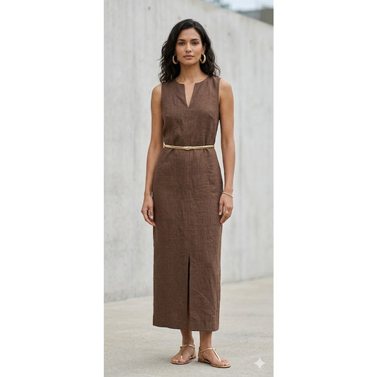 Ann Taylor Vintage Chocolate Brown Linen Blend Maxi Dress Size 4 Casual Classic