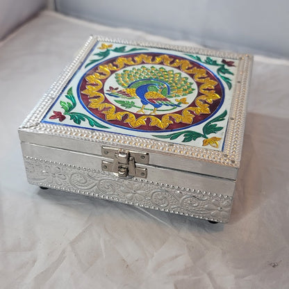 Keepsake Handicraft Peacock Design Jewelry STASH Box Silver Foil Metal Wrapped