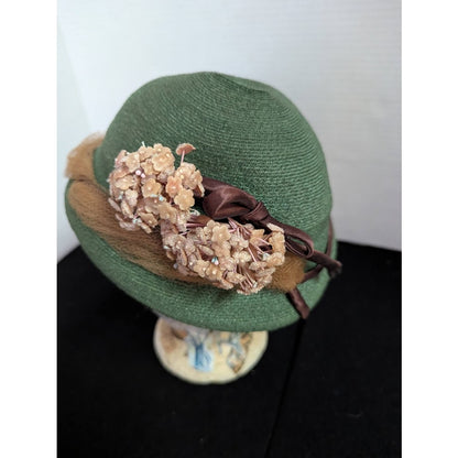 Vintage 40s 50s Forest Green Woven Cloche Bucket Hat Brown Ribbon Floral Trim