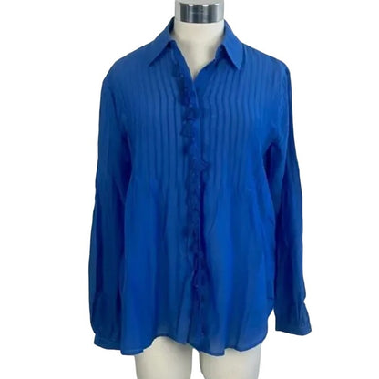 7 For All Mankind Blue Tassel Trim Blouse $225 NEW SILK blend long sleeve SMALL