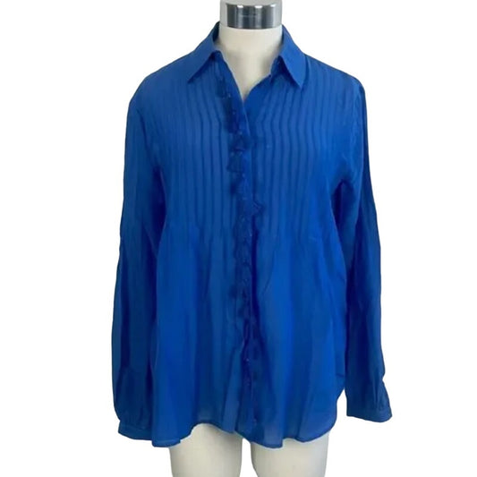 7 For All Mankind Blue Tassel Trim Blouse $225 NEW SILK blend long sleeve SMALL
