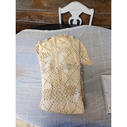Vintage Handmade Crochet Bedspread Cream Geometric Diamond Boho Coverlet 77x100