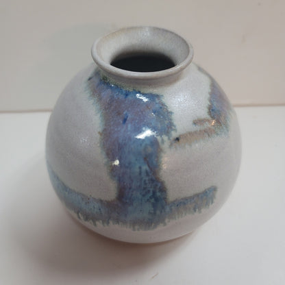 Round spherical vase art pottery small signed RY 1984 blue cream earthtones