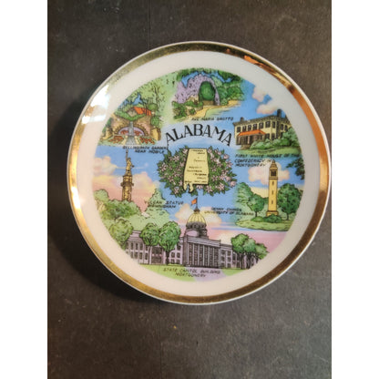 Vintage Souvenir Ceramic Collector Plate Alabama State Landmarks Gold Trim