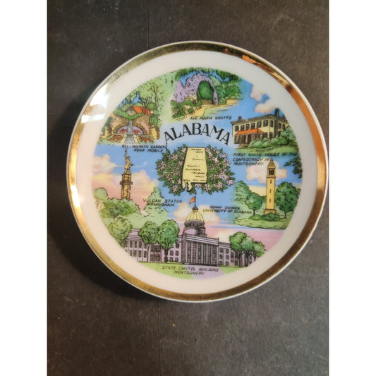 Vintage Souvenir Ceramic Collector Plate Alabama State Landmarks Gold Trim