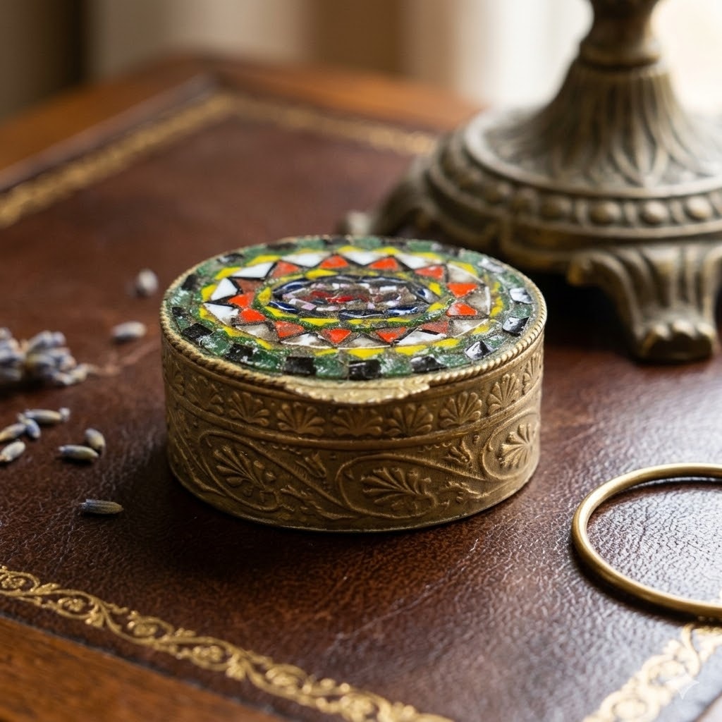 Vintage Italian Micro Mosaic Pill Box - Kaleidoscope Rose Window Motif Brass